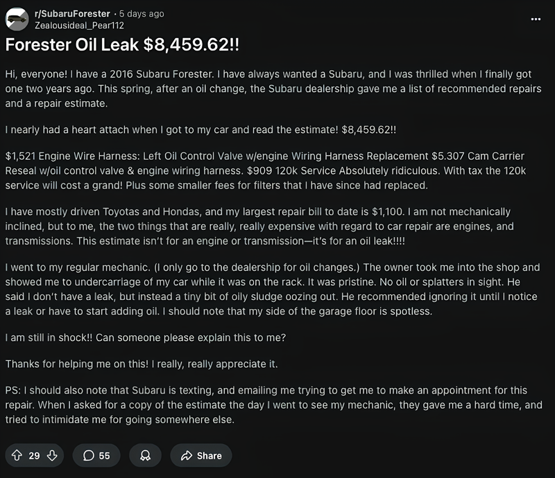 ▲面对离谱的维修报价,车主难掩震惊,并分享自身的维修经历。