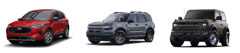 ▲由左至右分别为2025 Ford Escape、2025 Ford Bronco Sport和2025 Ford Bronco。